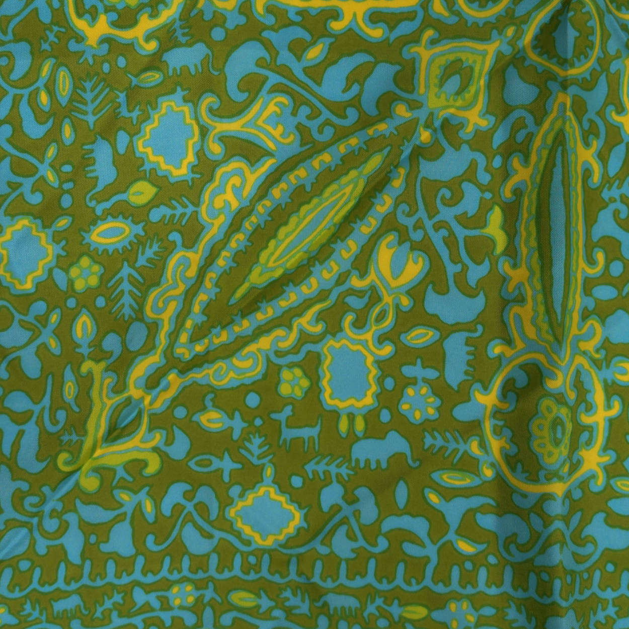 Vintage 1970s Pierre Cardin Silk Twill Scarf Olive Green Ornate Print 30" - Poppy's Vintage Clothing