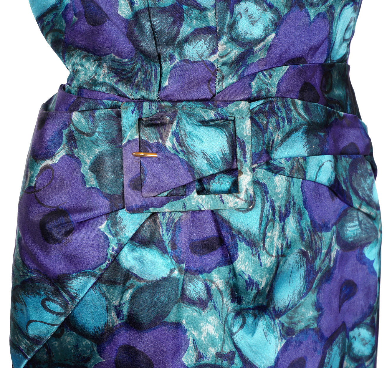 1950s-60s Vintage Dress by Pierre Balmain in Floral Printed Cyan Silk - Poppy's Vintage Clothing