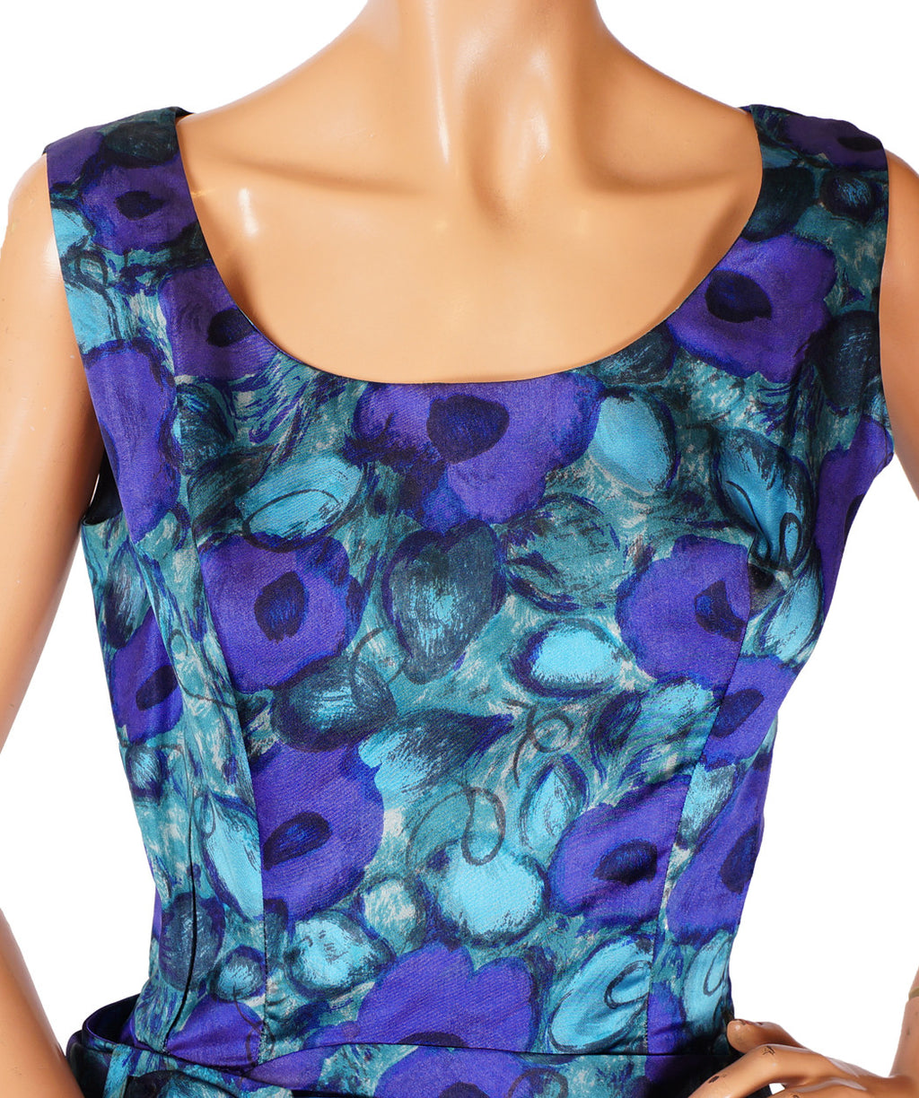 1950s-60s Vintage Dress by Pierre Balmain in Floral Printed Cyan Silk - Poppy's Vintage Clothing