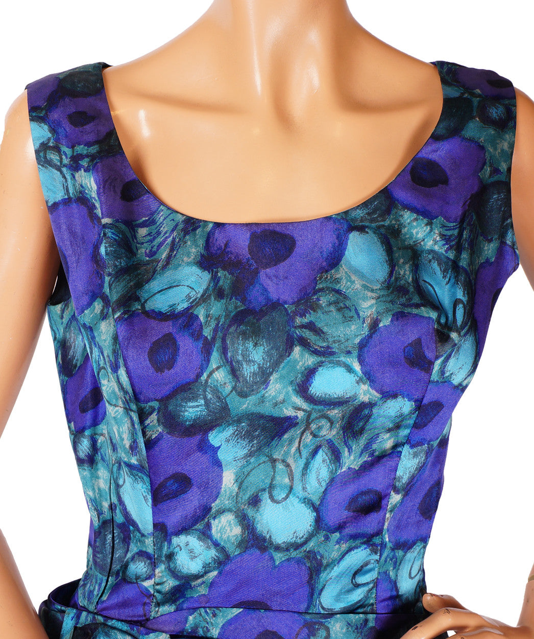 1950s-60s Vintage Dress by Pierre Balmain in Floral Printed Cyan Silk - Poppy's Vintage Clothing