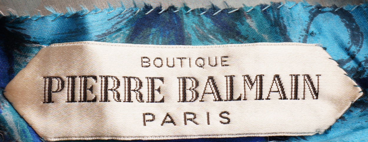 1950s-60s Vintage Dress by Pierre Balmain in Floral Printed Cyan Silk - Poppy's Vintage Clothing