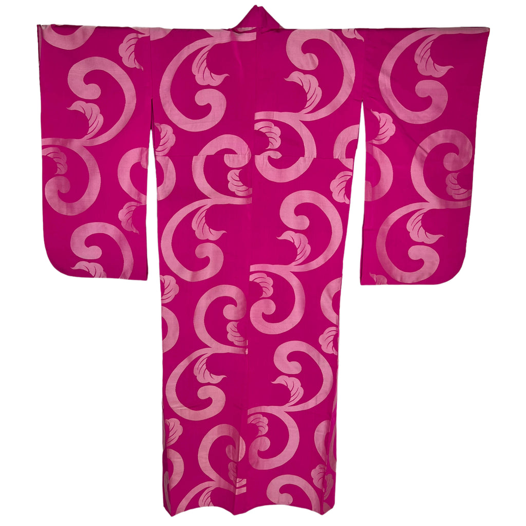Vintage Japanese Silk Kimono Hot Pink w Satin Swirl Pattern