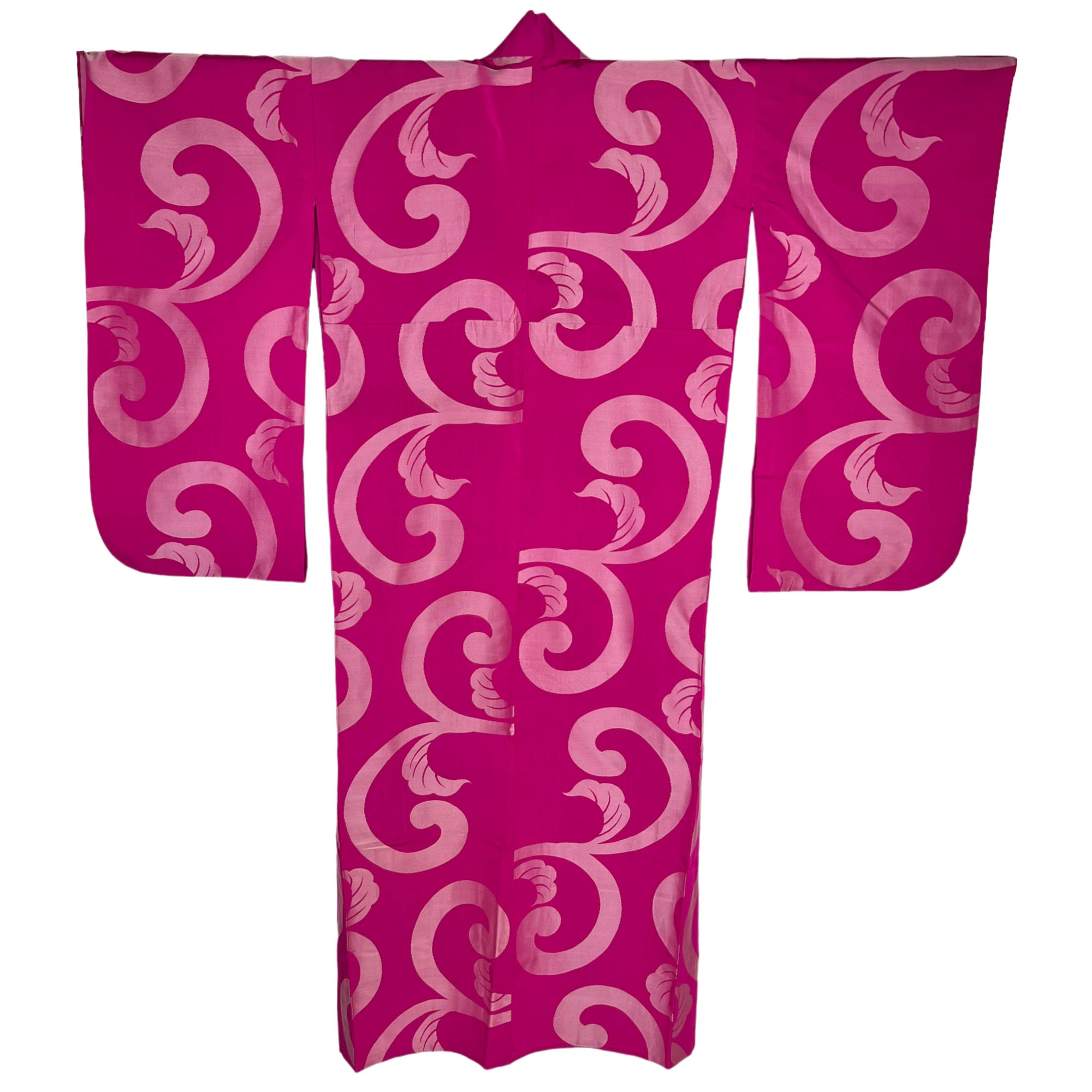 Vintage Japanese Silk Kimono Hot Pink w Satin Swirl Pattern