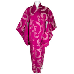 Vintage Japanese Silk Kimono Hot Pink w Satin Swirl Pattern