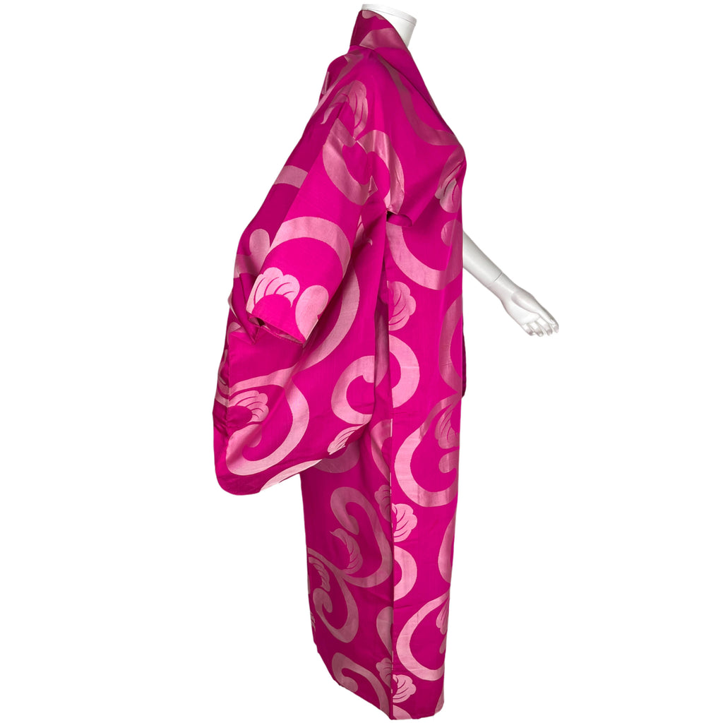 Vintage Japanese Silk Kimono Hot Pink w Satin Swirl Pattern