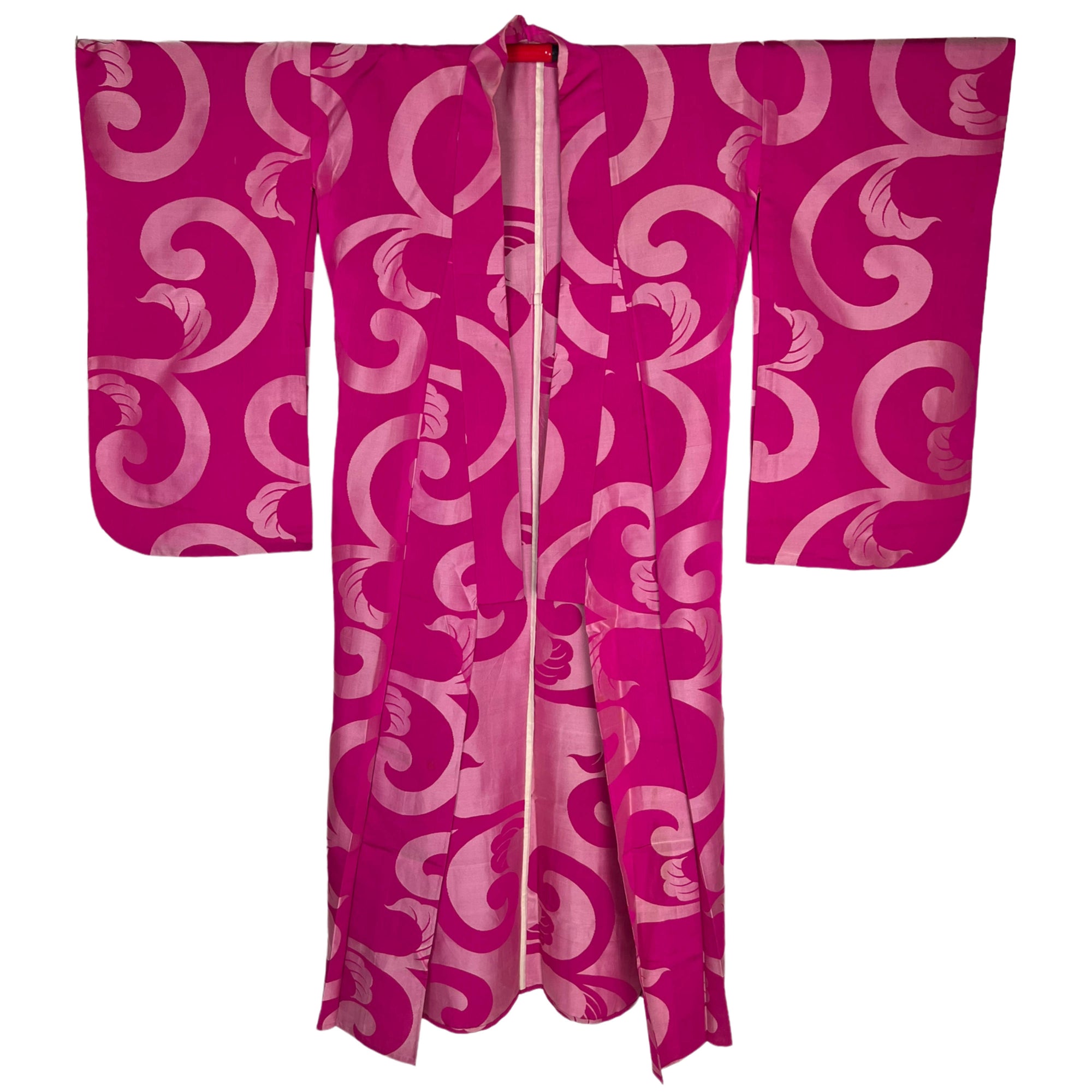 Vintage Japanese Silk Kimono Hot Pink w Satin Swirl Pattern