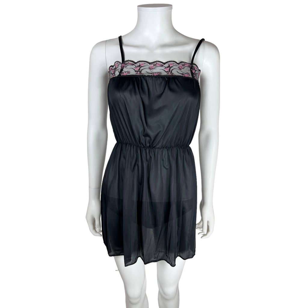 1970s Vintage Babydoll Set Black Sheer Robe Nightie Panties
