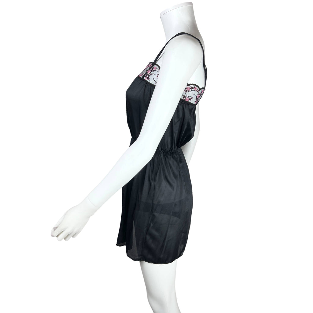 1970s Vintage Babydoll Set Black Sheer Robe Nightie Panties