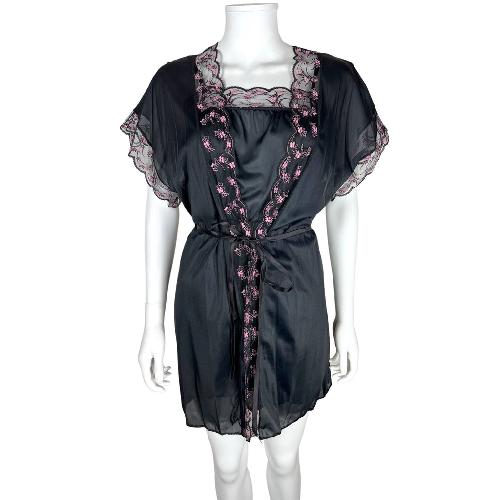1970s Vintage Babydoll Set Black Sheer Robe Nightie Panties
