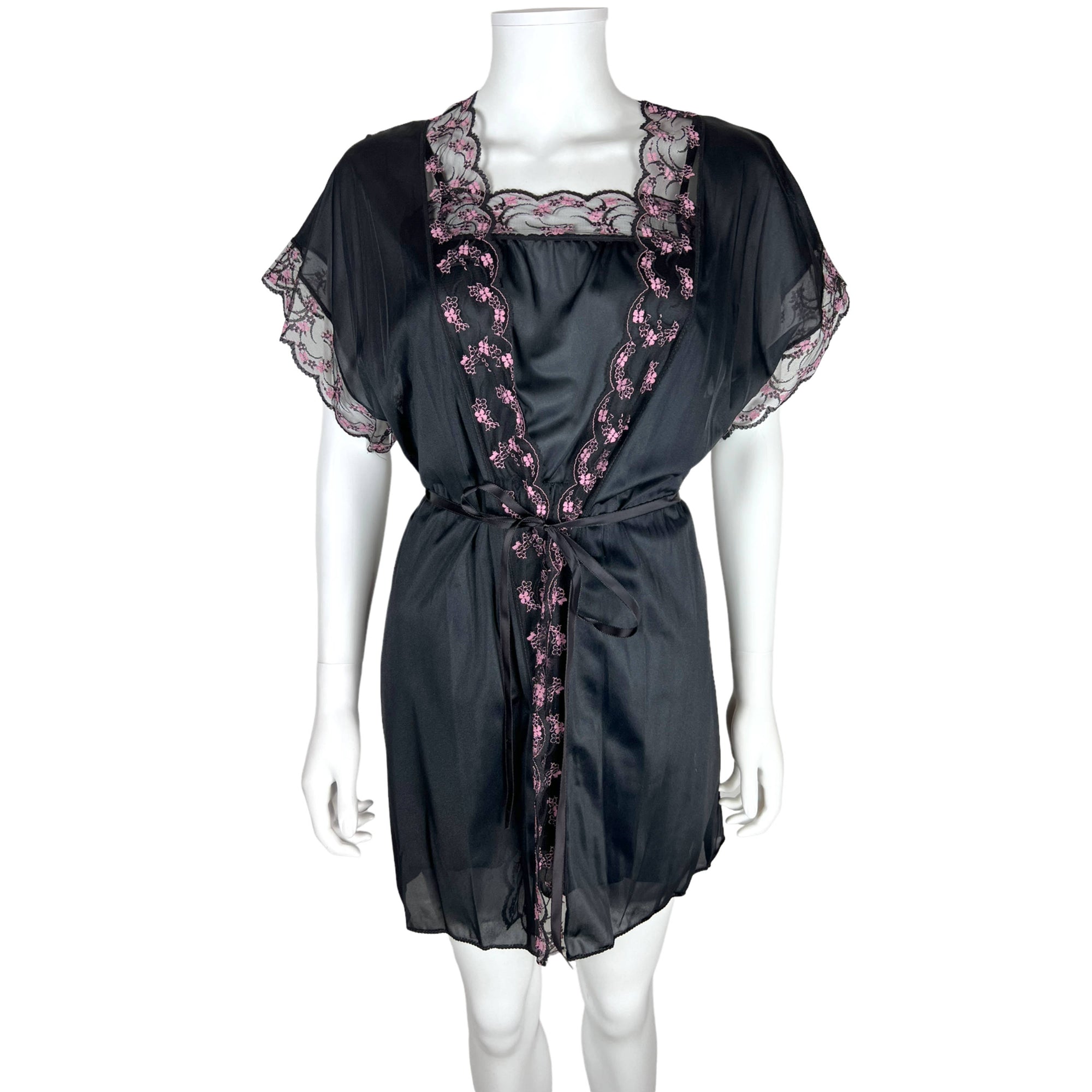 1970s Vintage Babydoll Set Black Sheer Robe Nightie Panties