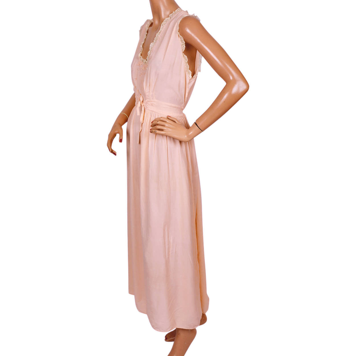 Vintage Nightie 1940s Pink Rayon Nightgown w Floral Embroidery Size Large - Poppy's Vintage Clothing