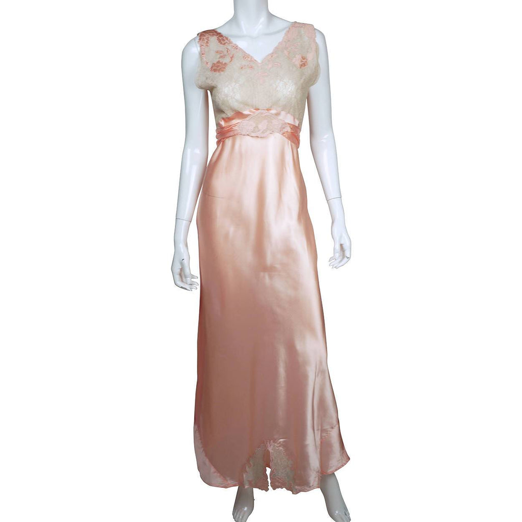 Vintage 1940s Nightie Pink Satin Nightgown with Lace Bodice Size M - Poppy's Vintage Clothing
