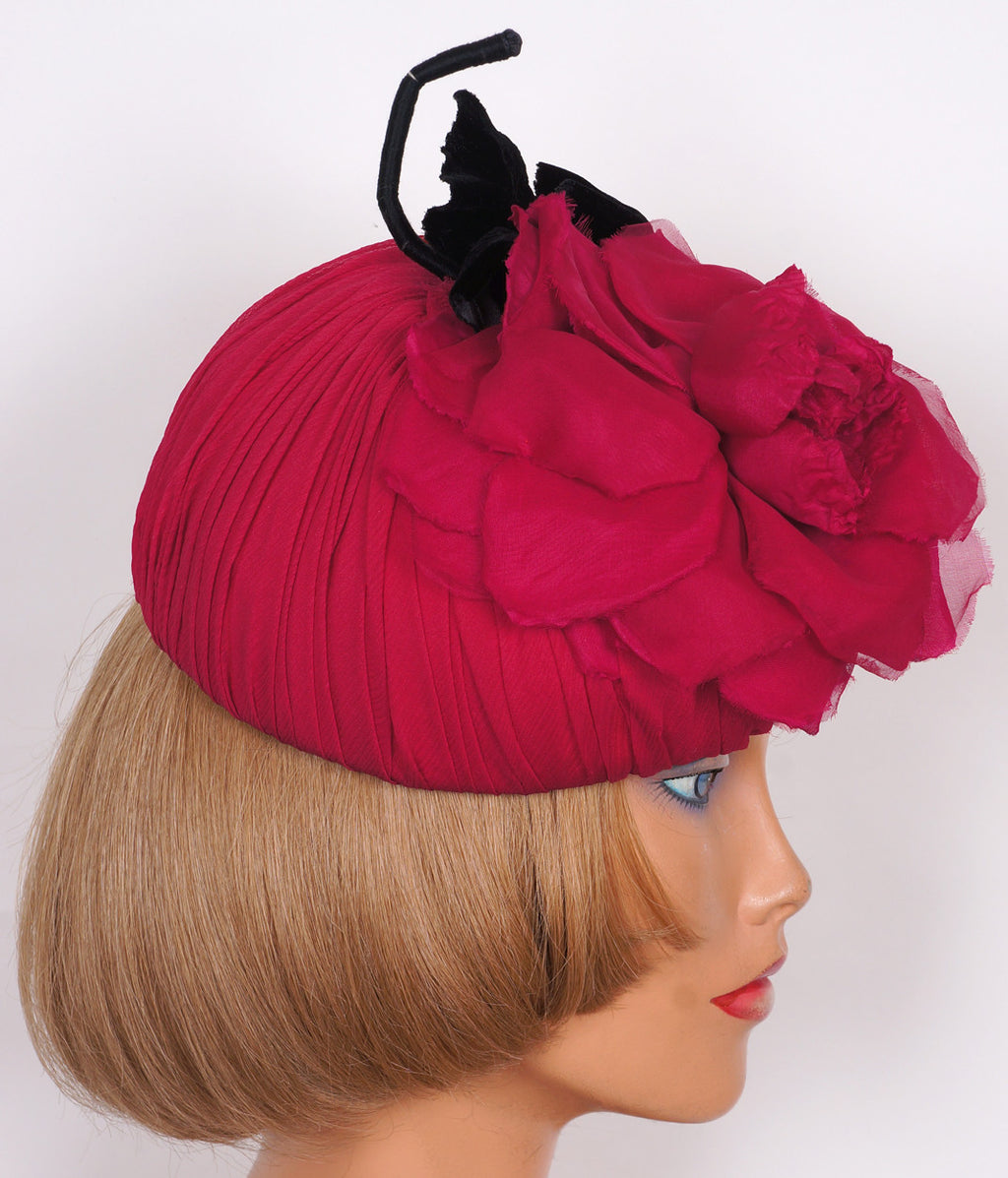 Vintage 1950s Cocktail Hat Pink Silk Rose - Poppy's Vintage Clothing