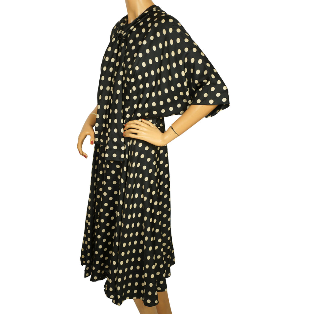 Vintage 1950s Silk Dress Black & White Polka Dots Size M - Poppy's Vintage Clothing