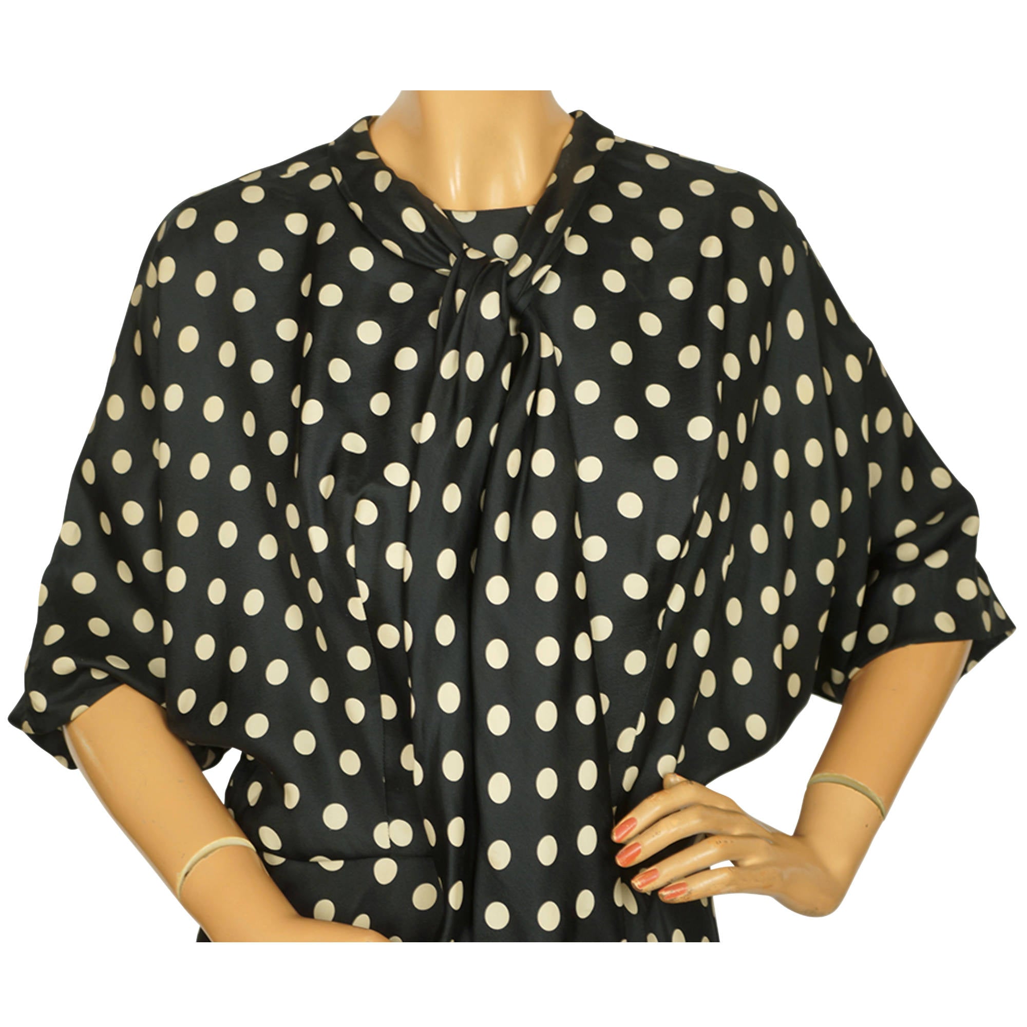Vintage 1950s Silk Dress Black & White Polka Dots Size M - Poppy's Vintage Clothing