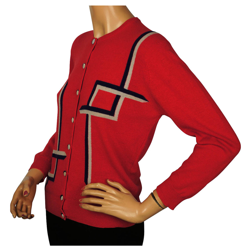 Vintage 1950s Pringle Scottish Cashmere Sweater Red Intarsia Cardigan Ladies M - Poppy's Vintage Clothing