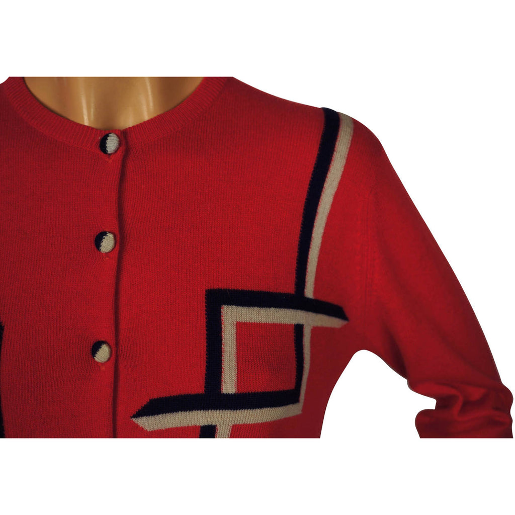 Vintage 1950s Pringle Scottish Cashmere Sweater Red Intarsia Cardigan Ladies M - Poppy's Vintage Clothing
