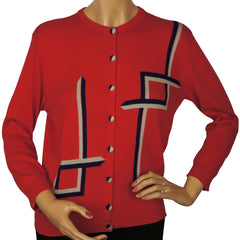 Vintage 1950s Pringle Scottish Cashmere Sweater Red Intarsia Cardigan Ladies M - Poppy's Vintage Clothing
