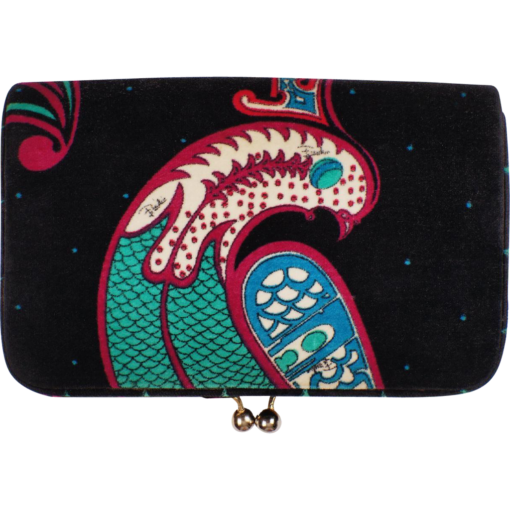 Vintage 1960s Pucci Velvet Clutch Purse - Bird of Paradise Print - Poppy's Vintage Clothing