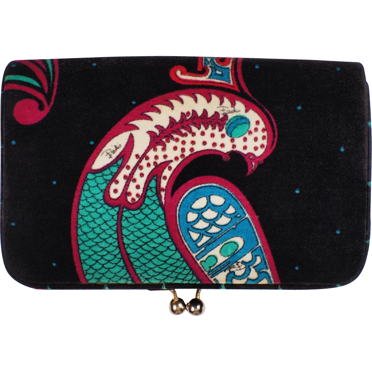 Vintage 1960s Pucci Velvet Clutch Purse - Bird of Paradise Print - Poppy's Vintage Clothing
