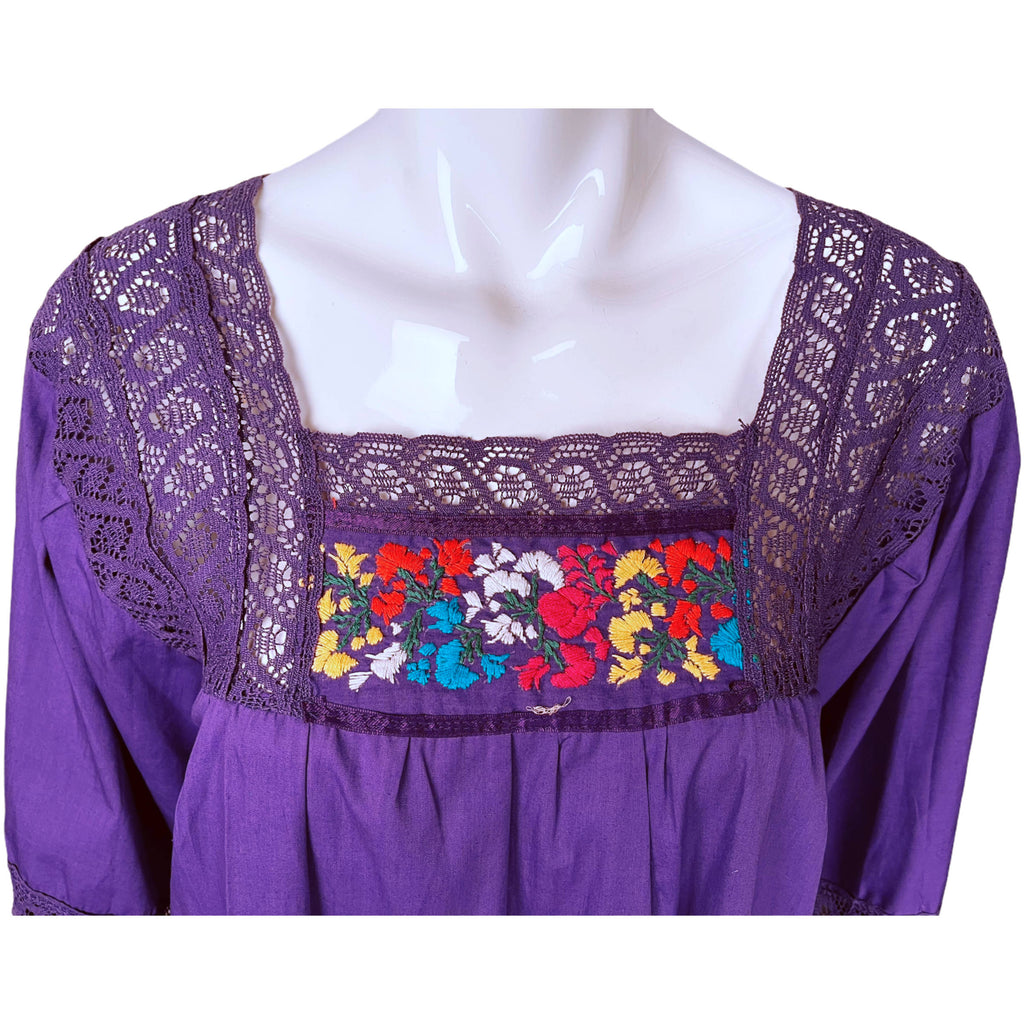 Vintage 70s Mexican Dress Floral Embroidered Purple Cotton