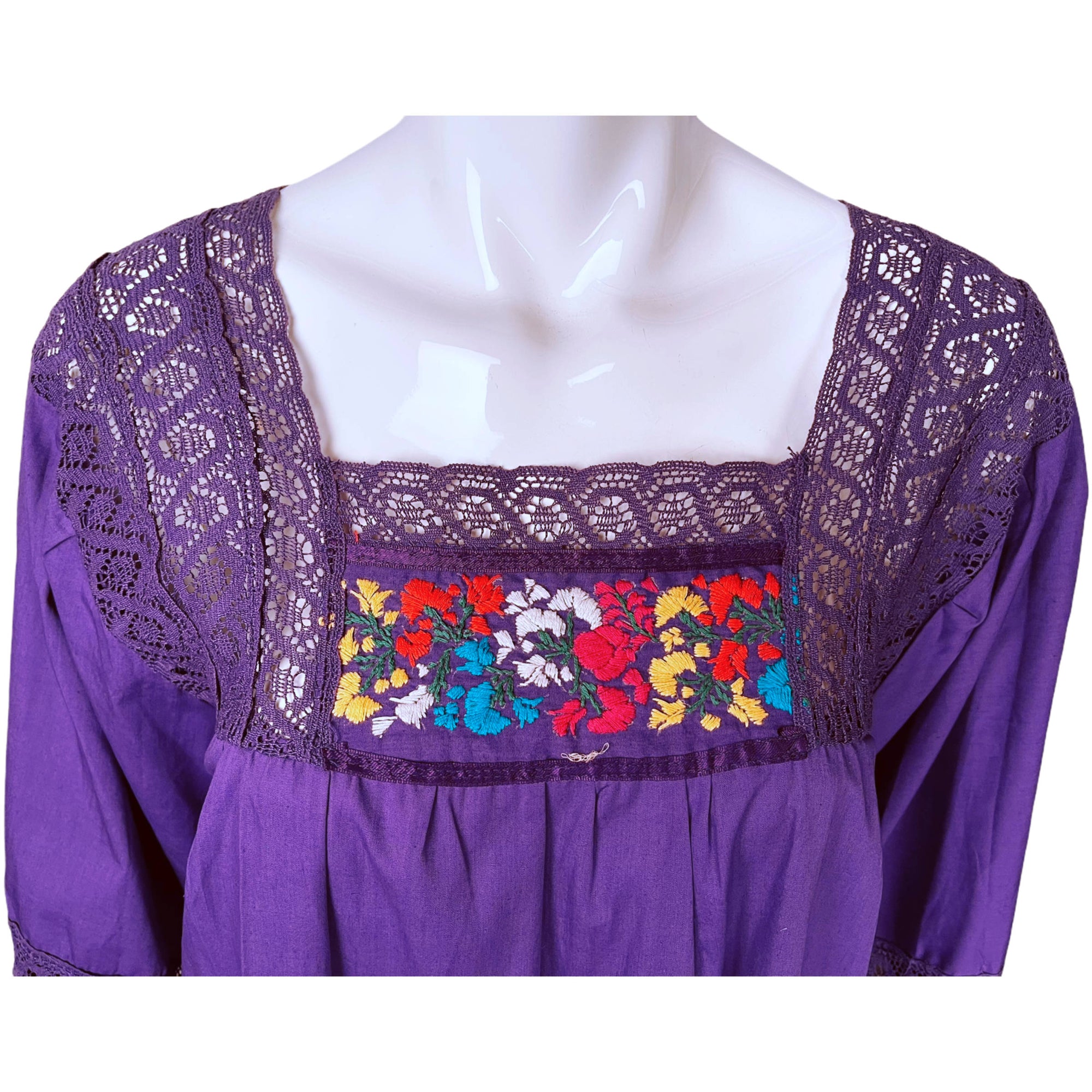 Vintage 70s Mexican Dress Floral Embroidered Purple Cotton