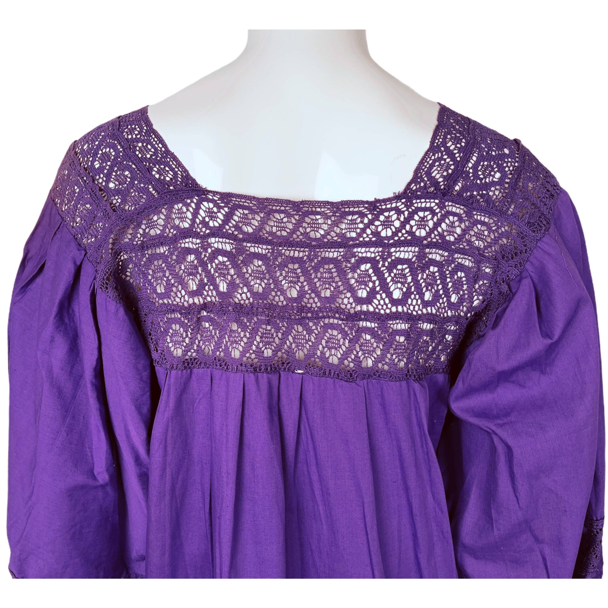 Vintage 70s Mexican Dress Floral Embroidered Purple Cotton