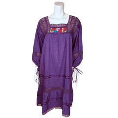 Vintage 70s Mexican Dress Floral Embroidered Purple Cotton
