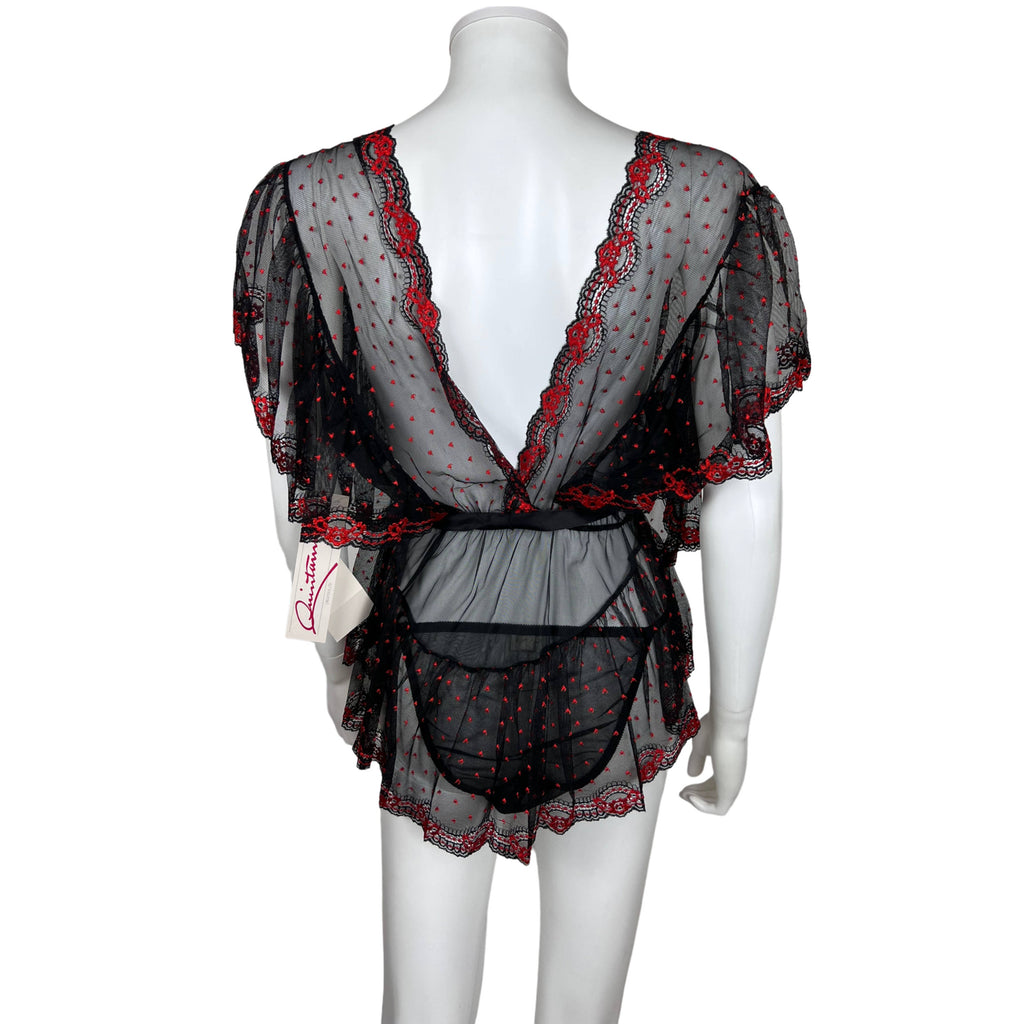 NWT 1980s Vintage Babydoll w Panties Red & Black Nylon Sz S