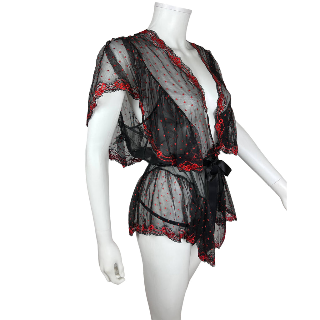 NWT 1980s Vintage Babydoll w Panties Red & Black Nylon Sz S