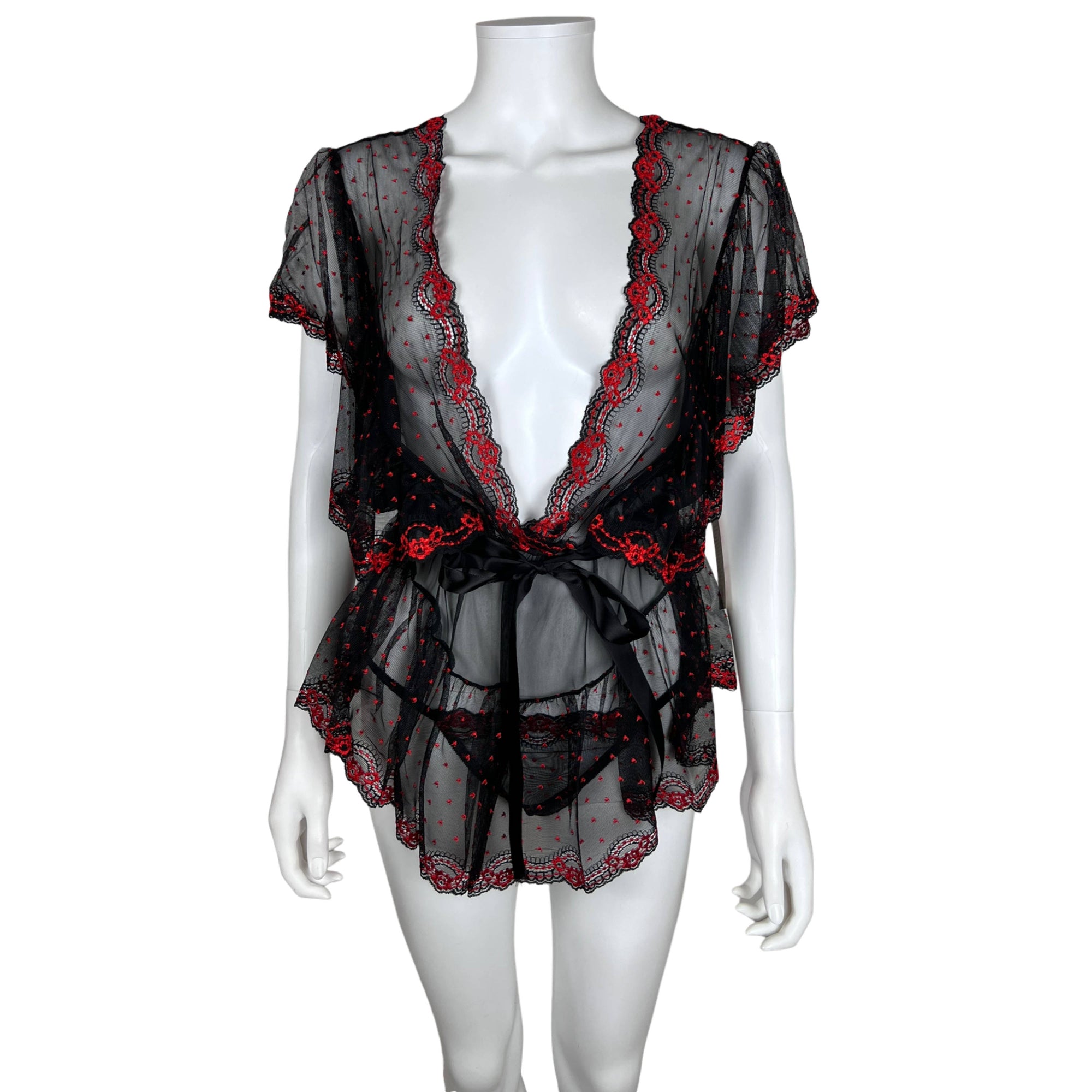 NWT 1980s Vintage Babydoll w Panties Red & Black Nylon Sz S
