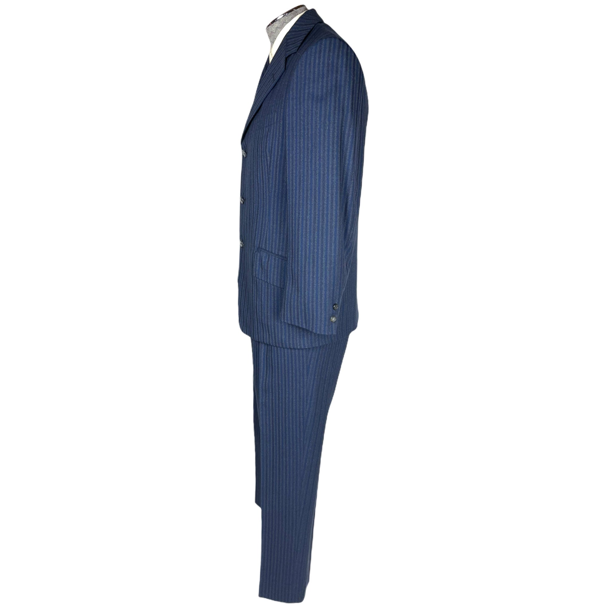 Vintage 1960s Mens Striped Suit Custom Tailored Blue Wool Size M