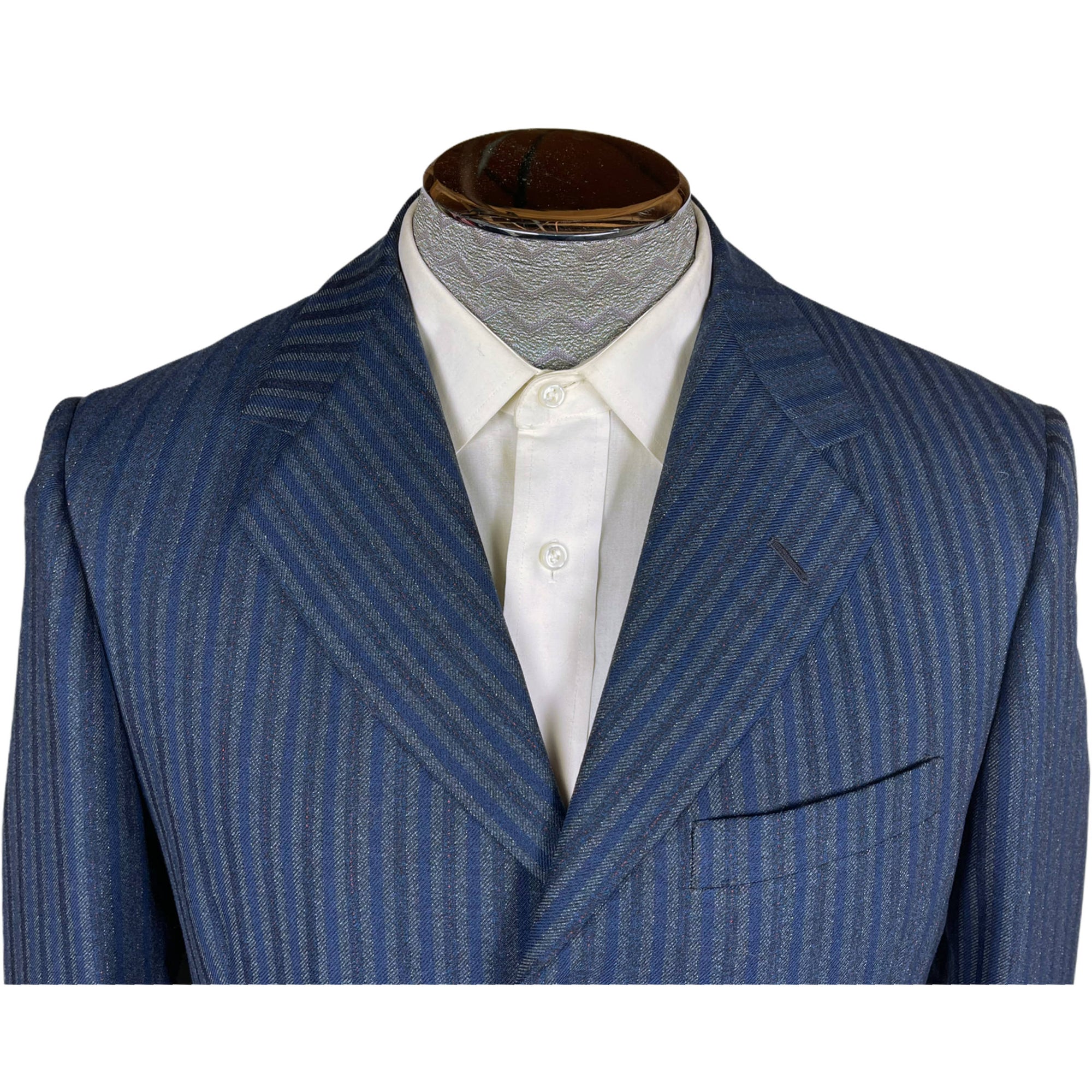 Vintage 1960s Mens Striped Suit Custom Tailored Blue Wool Size M