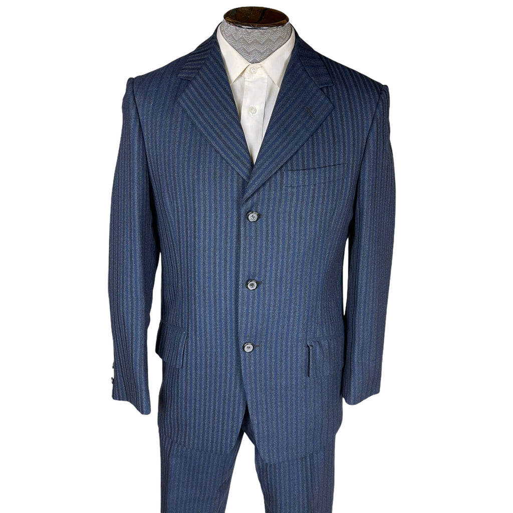 Vintage 1960s Mens Striped Suit Custom Tailored Blue Wool Size M