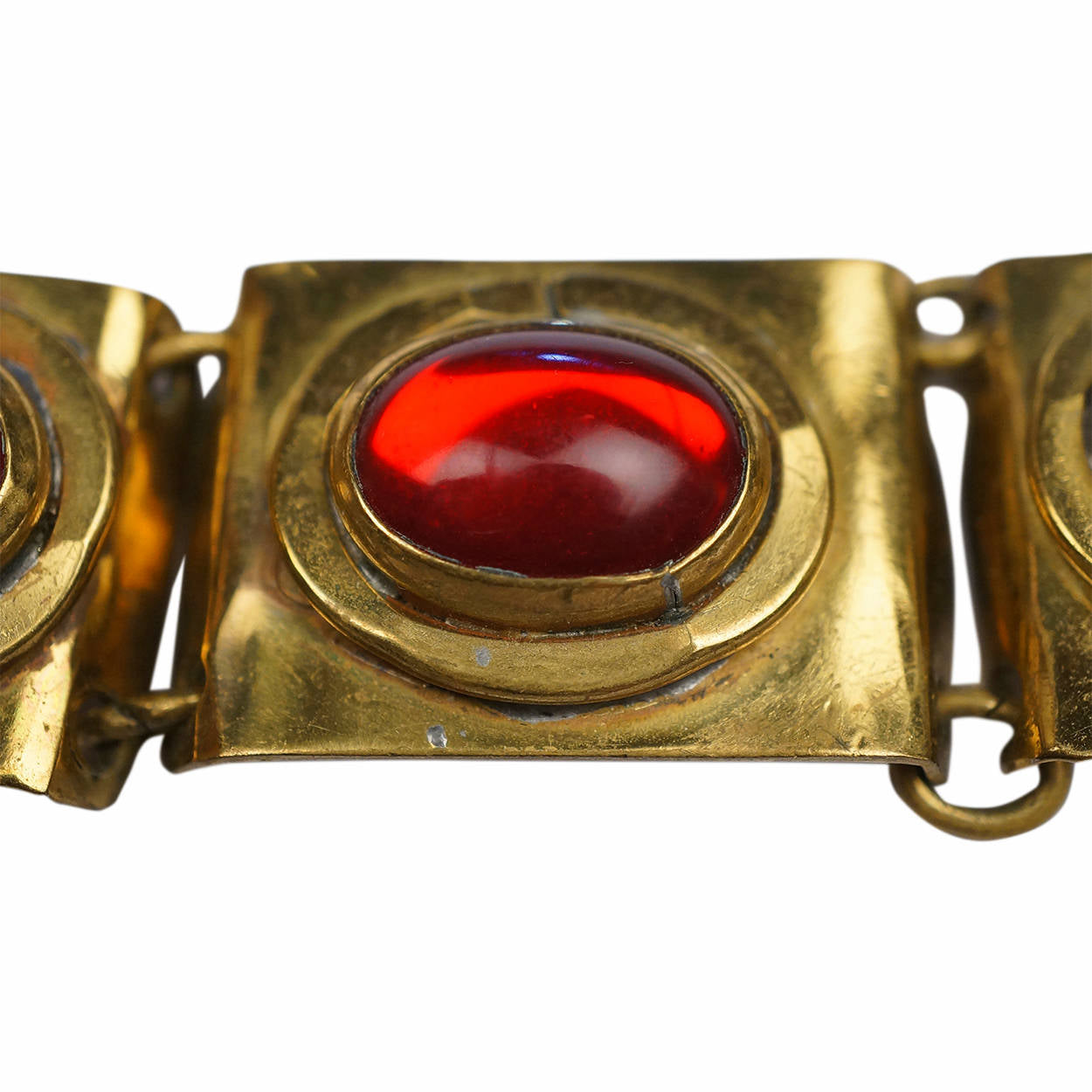 Canadian Modernist Rafael Alfandary Brass Bracelet wi Red Murano Glass Cabochons - Poppy's Vintage Clothing