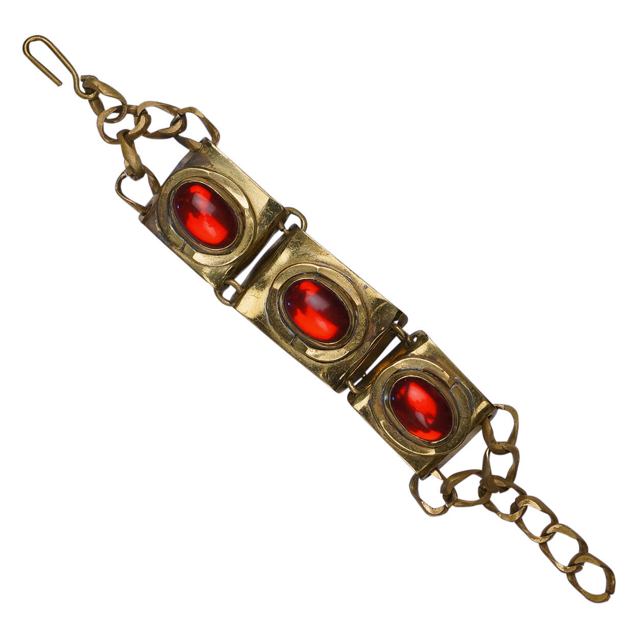 Canadian Modernist Rafael Alfandary Brass Bracelet wi Red Murano Glass Cabochons - Poppy's Vintage Clothing