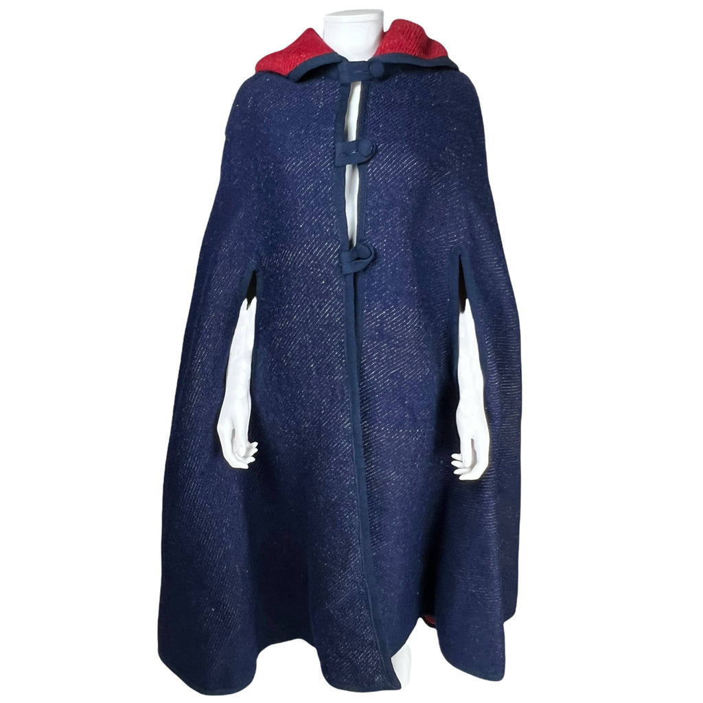 Vintage Reversible Hooded Cape Red Blue Loomed Wool One Size