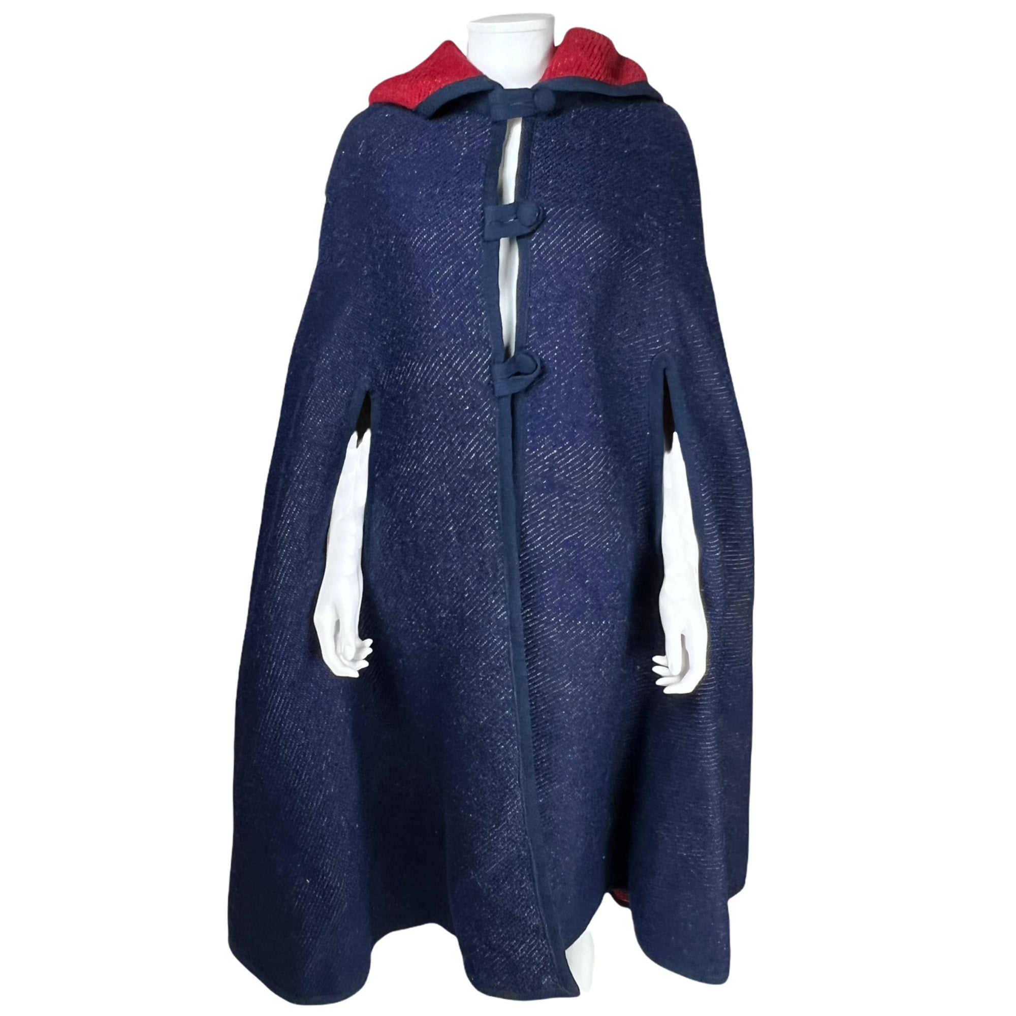 Vintage Reversible Hooded Cape Red Blue Loomed Wool One Size