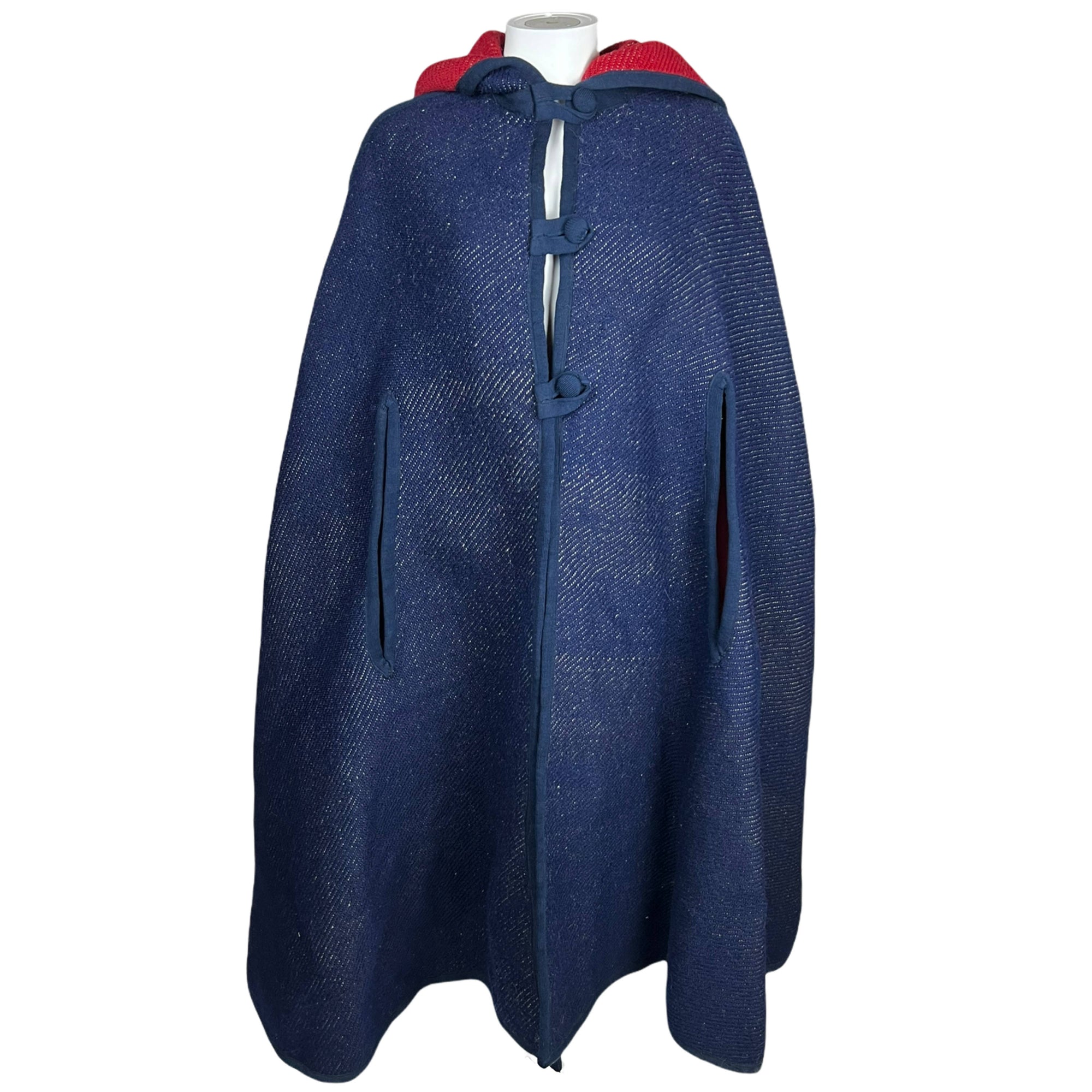 Vintage Reversible Hooded Cape Red Blue Loomed Wool One Size