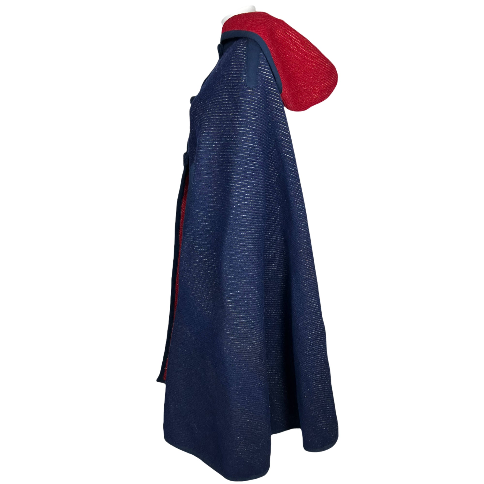Vintage Reversible Hooded Cape Red Blue Loomed Wool One Size