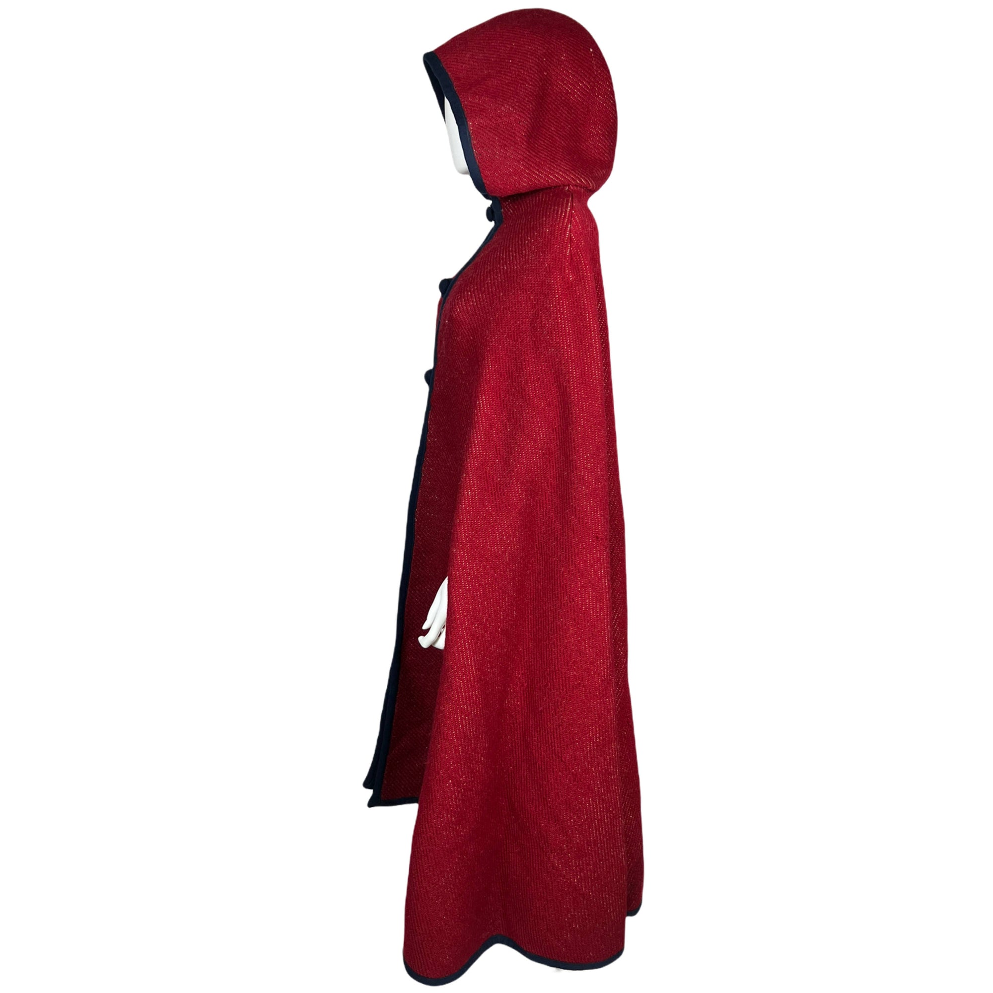 Vintage Reversible Hooded Cape Red Blue Loomed Wool One Size