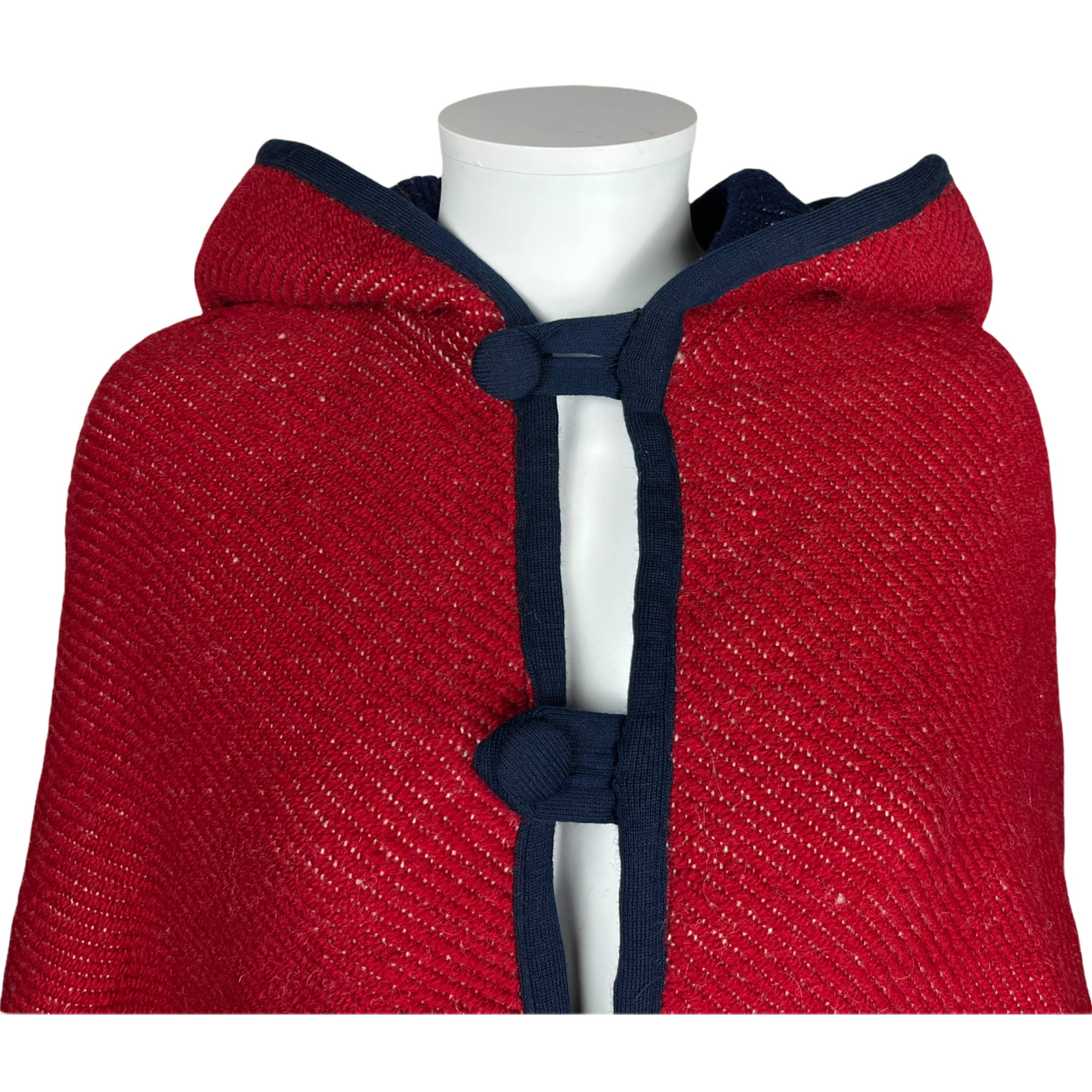 Vintage Reversible Hooded Cape Red Blue Loomed Wool One Size