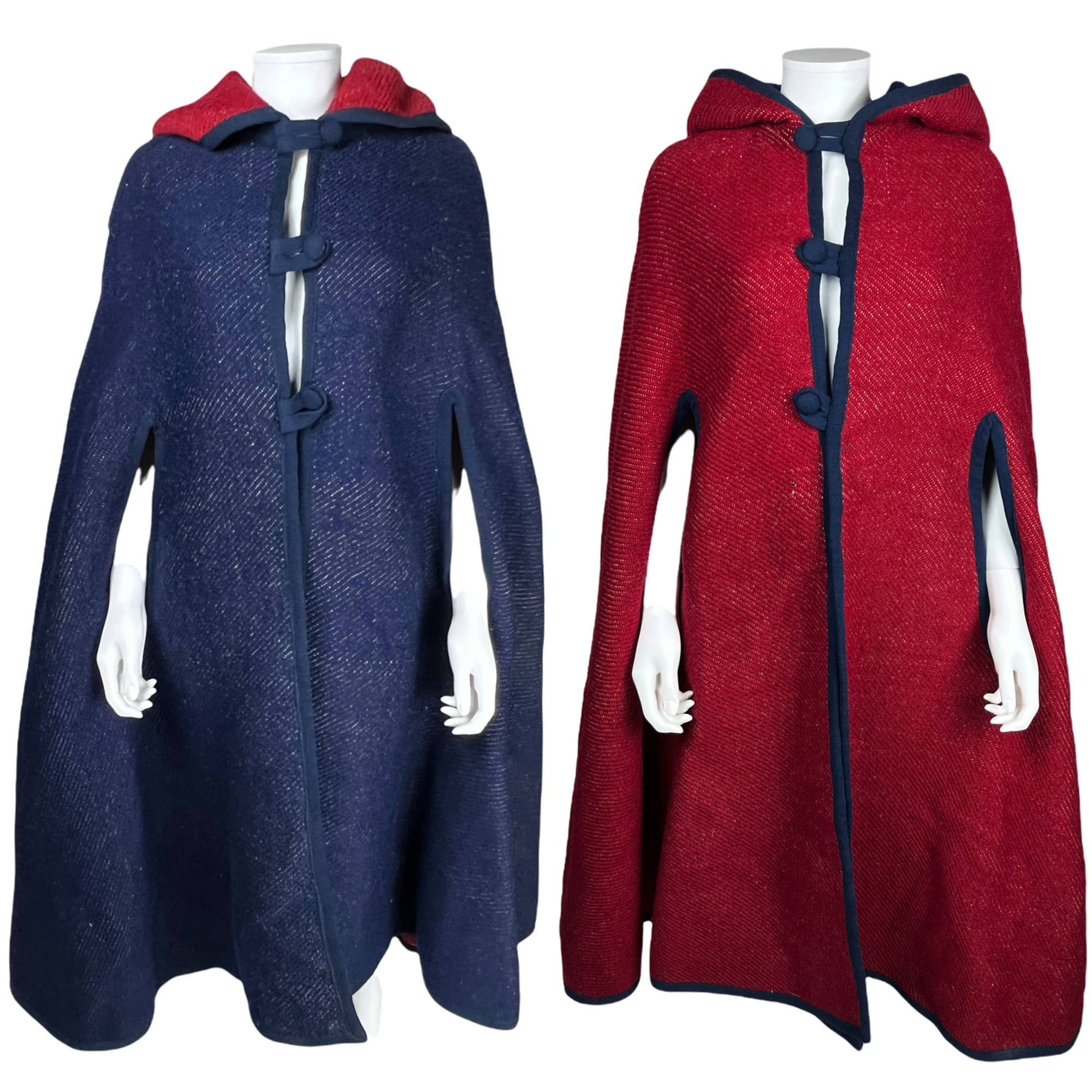 Vintage Reversible Hooded Cape Red Blue Loomed Wool One Size