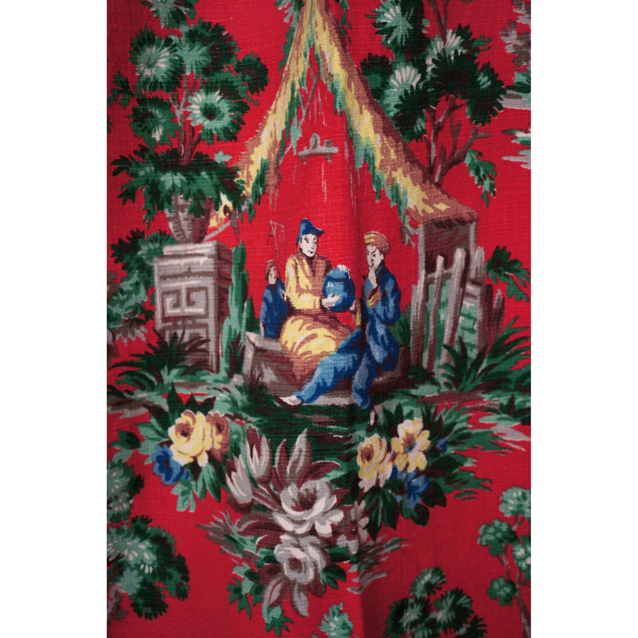 Vintage 1940s Barkcloth Drapes Asian Chinoiserie Motifs Red Background - Poppy's Vintage Clothing