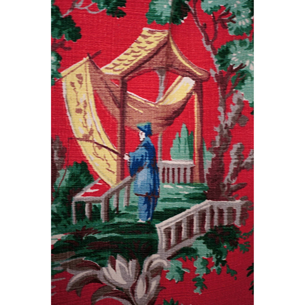 Vintage 1940s Barkcloth Drapes Asian Chinoiserie Motifs Red Background - Poppy's Vintage Clothing