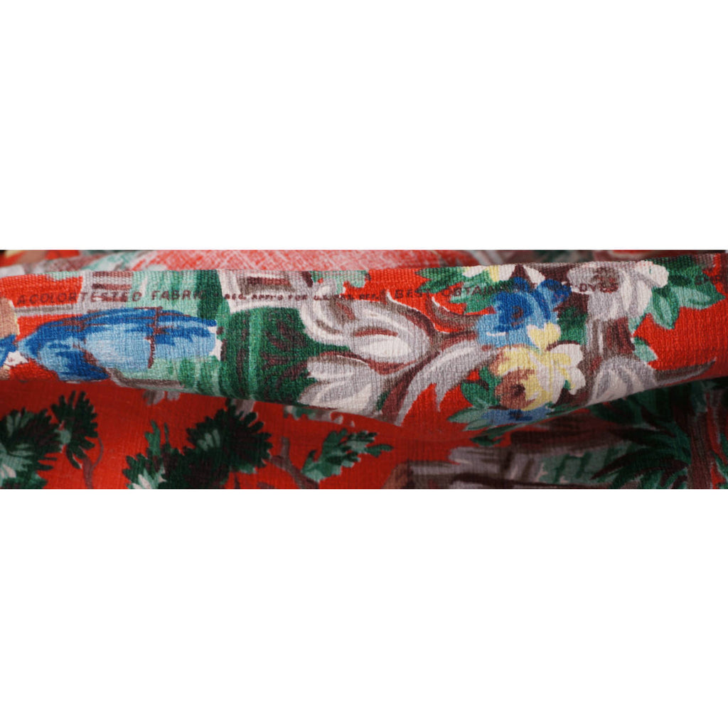 Vintage 1940s Barkcloth Drapes Asian Chinoiserie Motifs Red Background - Poppy's Vintage Clothing