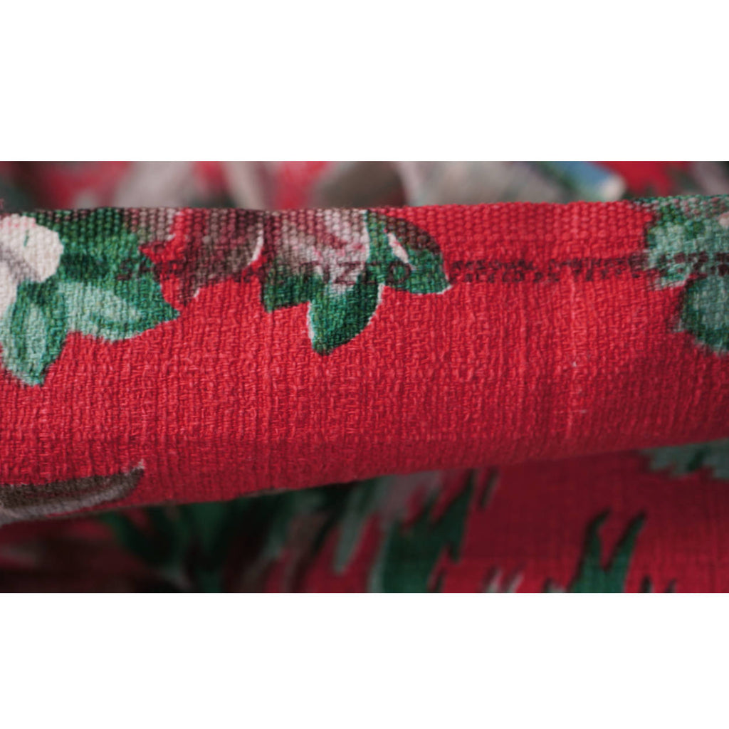 Vintage 1940s Barkcloth Drapes Asian Chinoiserie Motifs Red Background - Poppy's Vintage Clothing