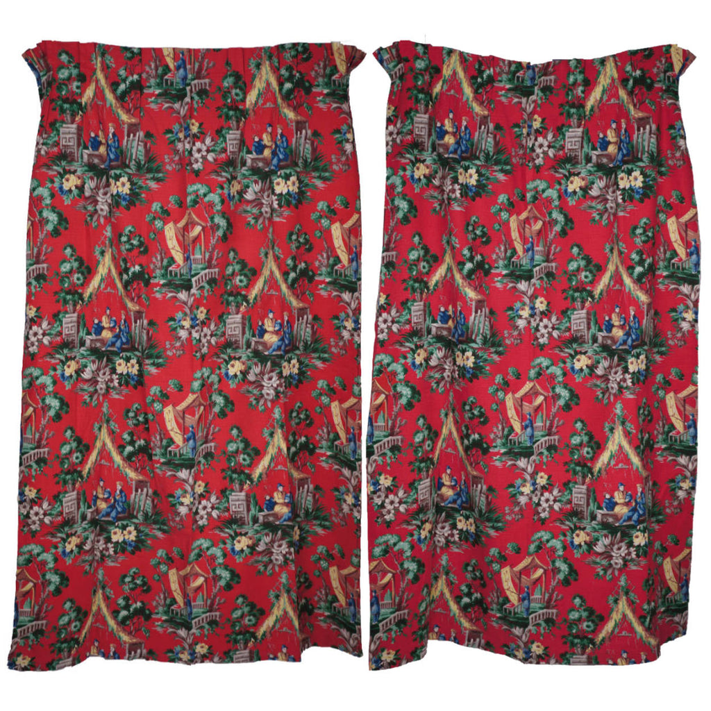 Vintage 1940s Barkcloth Drapes Asian Chinoiserie Motifs Red Background - Poppy's Vintage Clothing