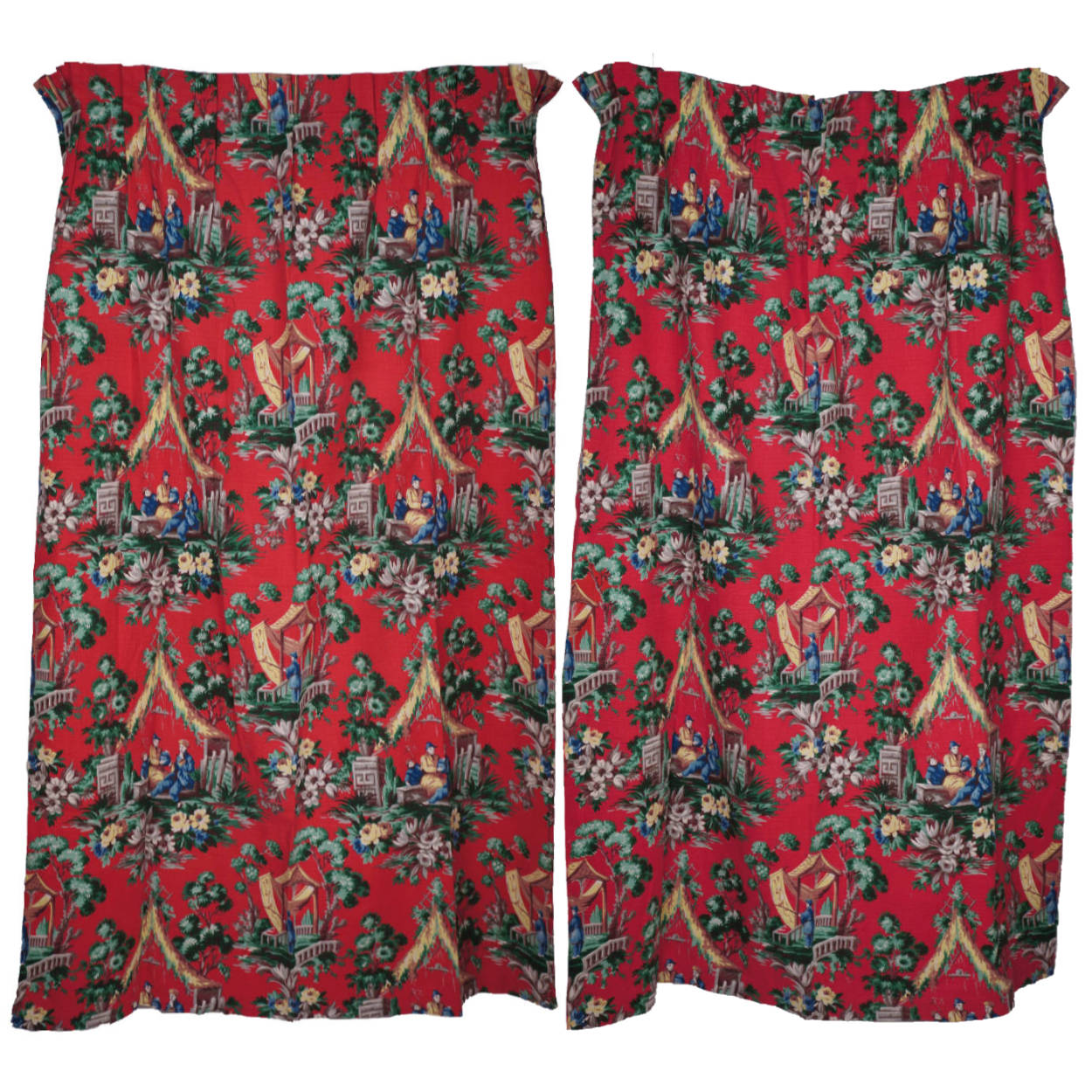 Vintage 1940s Barkcloth Drapes Asian Chinoiserie Motifs Red Background - Poppy's Vintage Clothing