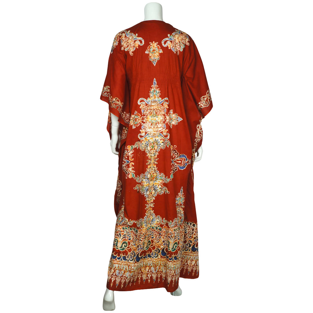 Vintage 1970s Kaftan Red Cotton with Batik Print Caftan Ladies One Size - Poppy's Vintage Clothing